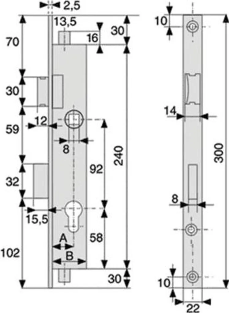 Serrure à larder 3 points axe 21 mm entraxe 92 mm pour porte d'entrée