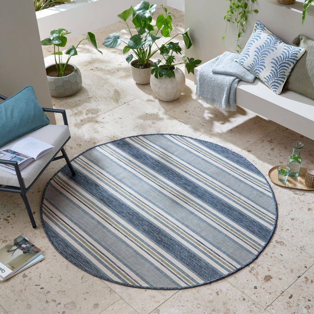 Outdoor Teppich Streifen Muster, Geometrisch, Terrasse schmutzabweisend Blau-Grün Rund 160x160 | 100% Polypropylen