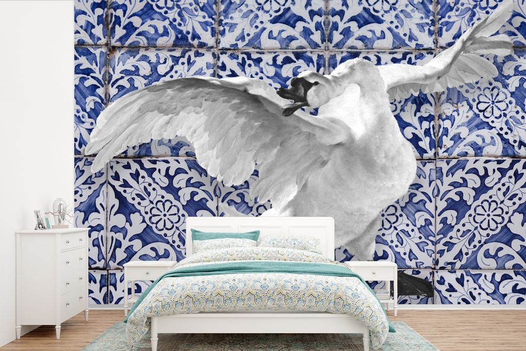 MuchoWow Fototapete für Wohnzimmer oder Schlafzimmer Wandtapete Vinyl Motivtapete Schwan - Kunst - Delfter Blau - Malerei - Alte Meister - 525x3...
