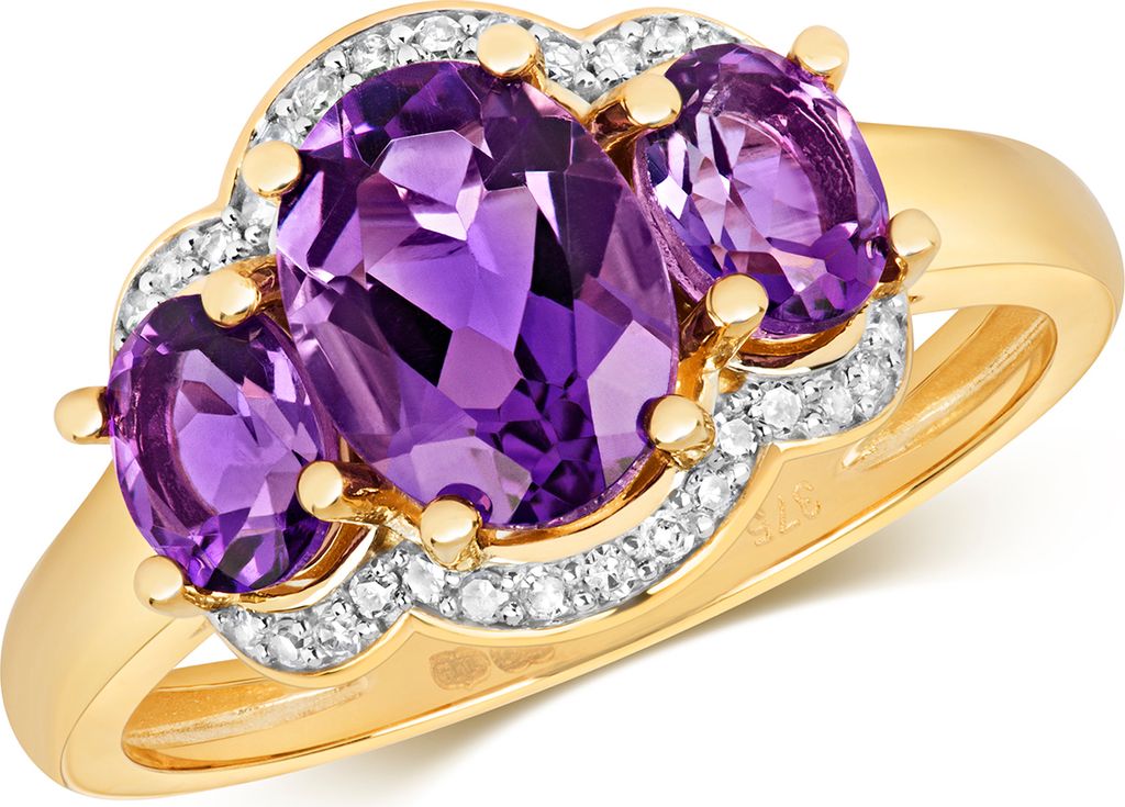 Exquisiter 9 Karat (375) Gold Trilogie Damen - Diamant Ring Brillant-Schliff 0.10 Karat mit Amethyst, 54 (17.2); TRS10995RSN