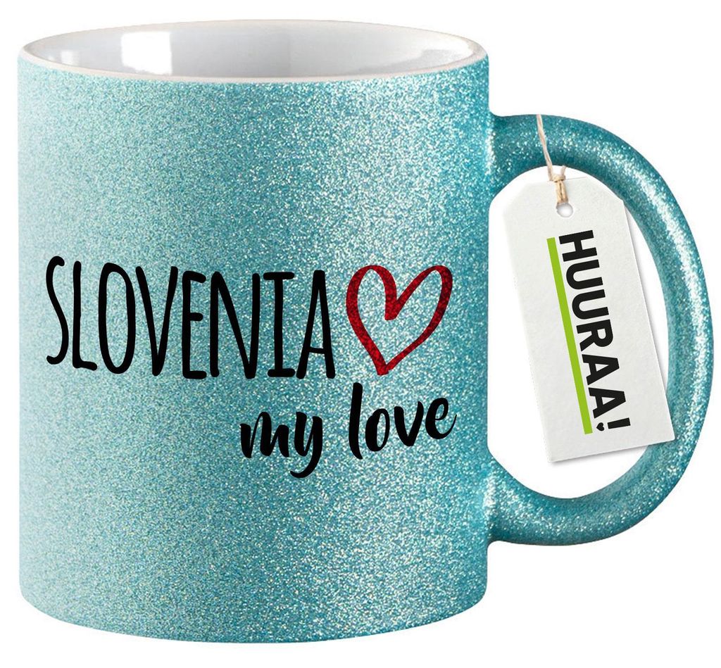 Huuraa Glitzertasse Slovenia my love 330ml Blau Keramik Kaffeebecher Geschenkidee