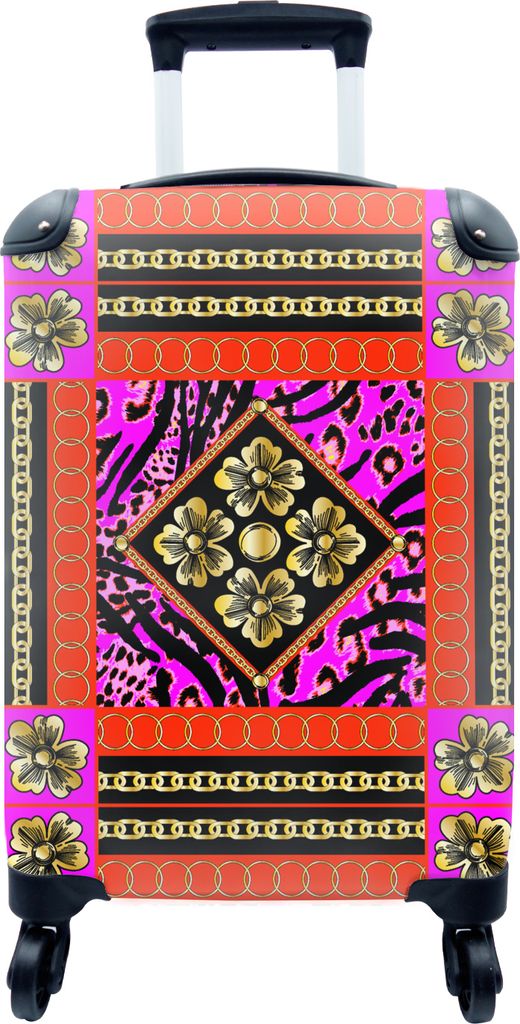 MuchoWow MuchoWow Koffer Handgepäck Trolley Rollkoffer Kleine Reisekoffer mit 4 Rollen - Blumen - Halskette - Pantherdruck - Gold - Muster - C...