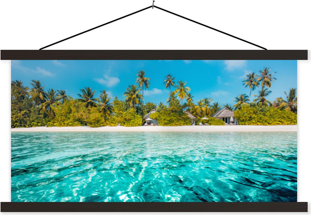 MuchoWow Textilposter Strand - Palmen - Meer 90x45 cm mit schwarzem Rahmen - Klemmleisten