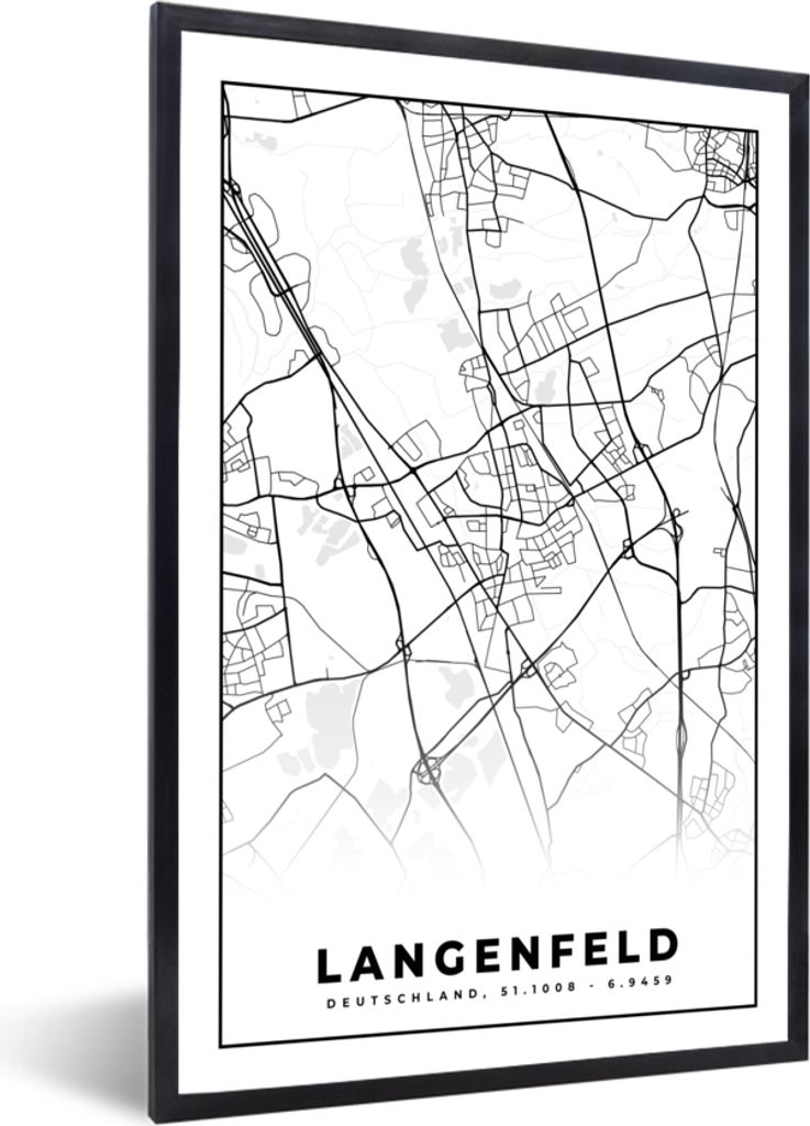 MuchoWow Gerahmtes Poster Langenfeld - Karte - Stadtplan 20x30 cm - Poster mit Schwarzem Bilderrahmen Wandposter Rahmen Foto Bilder - Drucken - B...