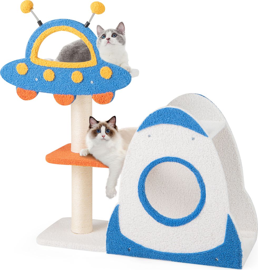 COSTWAY Kratzbaum 87cm, Katzenbaum Weltraum-Thema, Katzenmöbel Kletterbaum mit UFO-Plattform, Spielzeug, Sisal-Kratzsäulen & Raketen-Katzenhaus Blau