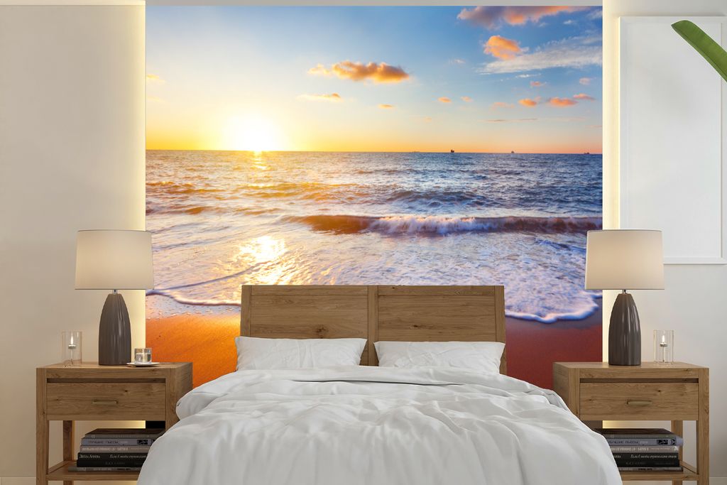 MuchoWow Fototapete für Wohnzimmer oder Schlafzimmer Wandtapete Vinyl Motivtapete Strand - Meer - Sonne - Horizont - 280x280 cm - Hintergrundbild