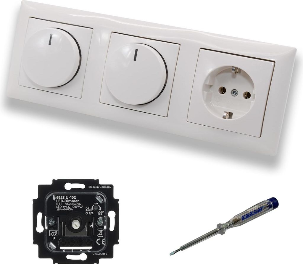 Busch Jäger 6523U-102 (2 x) LED Drehdimmer Dimmer + Scheiben 2115-914 und Steckdose mit Kinderschutz 20EUCKS-914 in Balance Si alpinweiß glänzen...