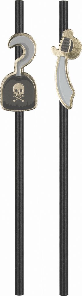 Piraten-Strohhalme aus Pappkarton 10 Stück schwarz-grau-goldfarben 20 cm -