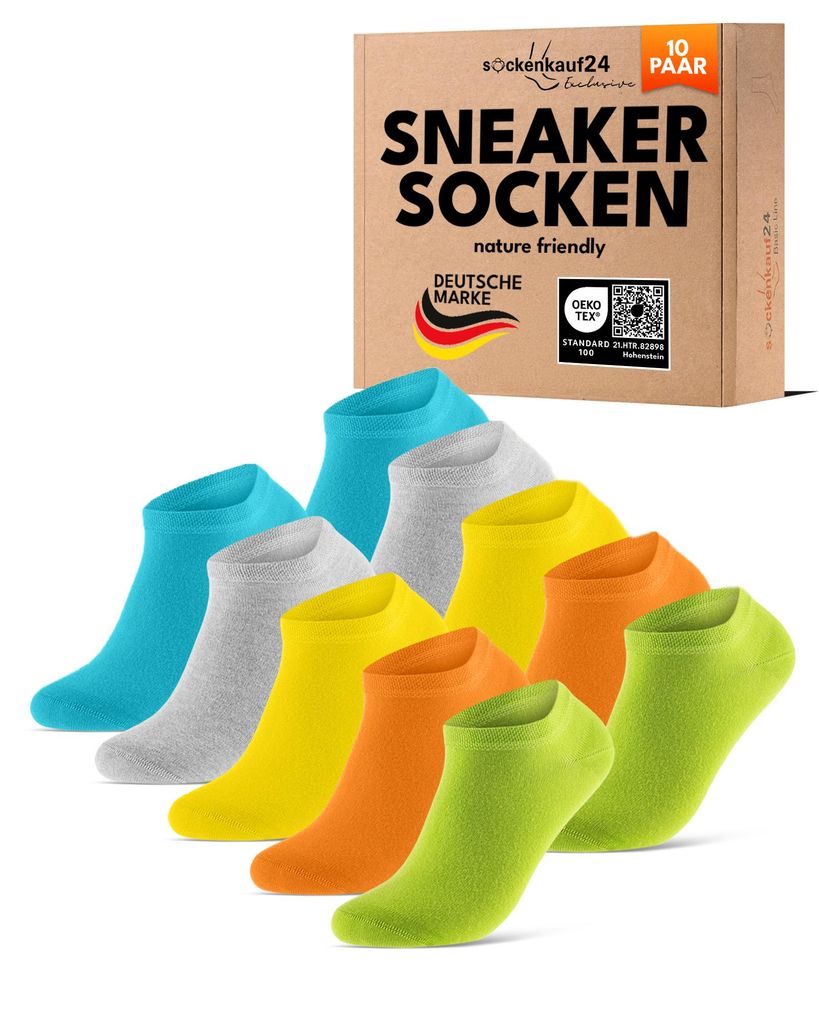 Sneaker Socken Herren Damen Baumwolle - 70102T Grün/Gelb/Blau/Orange/Grau 43-46 10 Paar