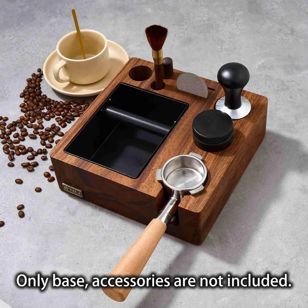 Support Tamper Espresso Noyer avec Tapis de Tassage Anti-pression 54mm