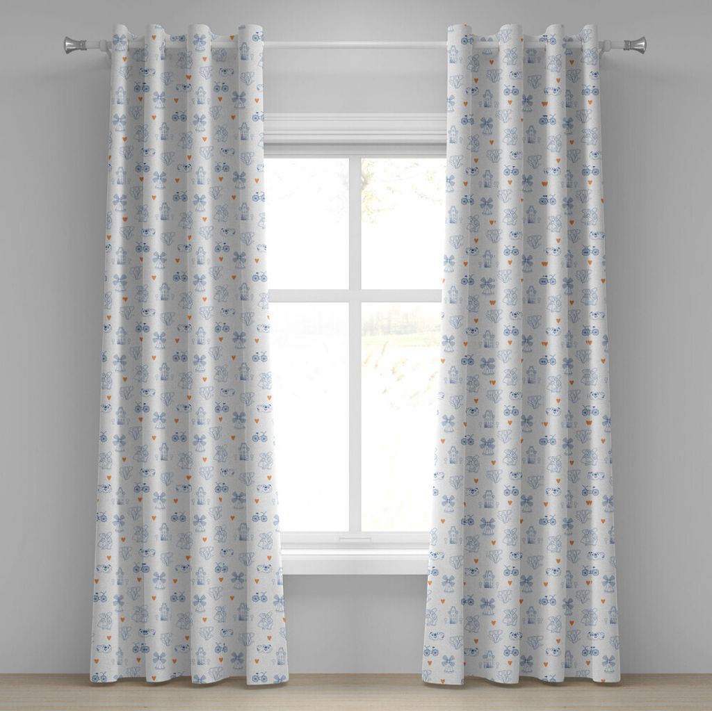 ABAKUHAUS Niederländisch Ösenvorhang, Traditionelle Holland Culture Elemente mit Doodle Stil Clogs Fahrräder, Dekorative 2-Panel-Fenstervorhäng...