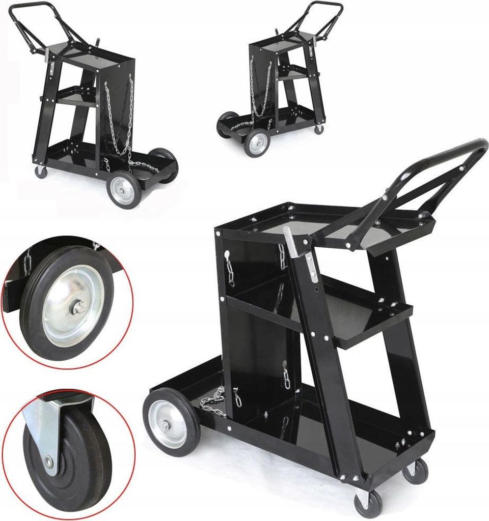 A collage of images showing a black welding cart from different angles, including close-ups of its wheels.