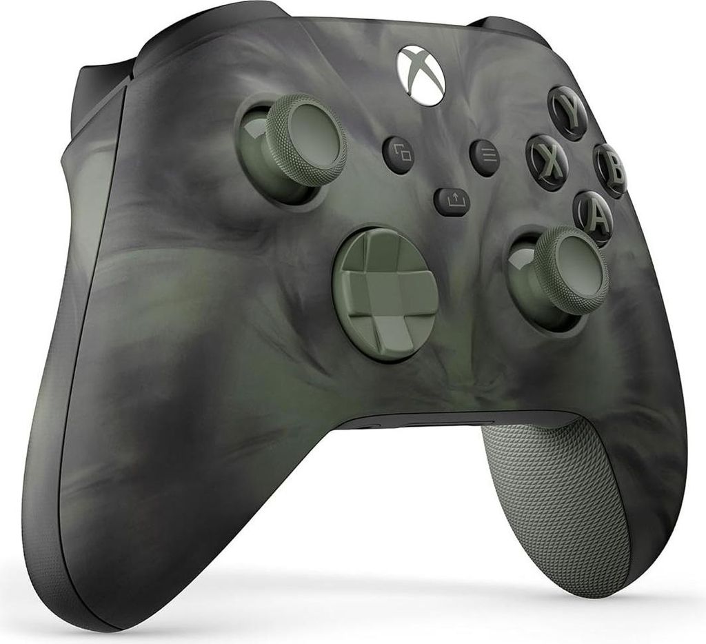 A close-up studio shot of an Xbox Wireless Controller with a unique vapor-like camouflage pattern.