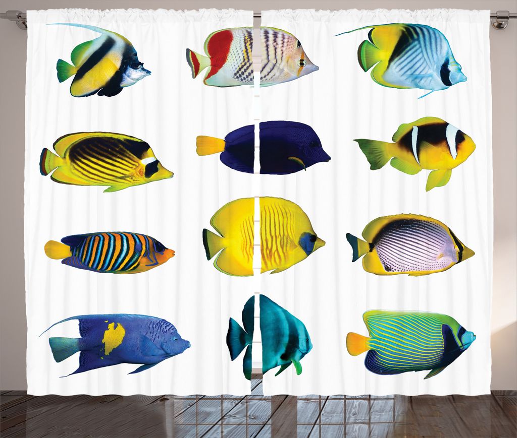 ABAKUHAUS Fisch Rustikaler Vorhang, Collage von Seetieren, Wohnzimmer Universalband Gardinen mit Schlaufen und Haken, 280 x 225 cm, Mehrfarbig