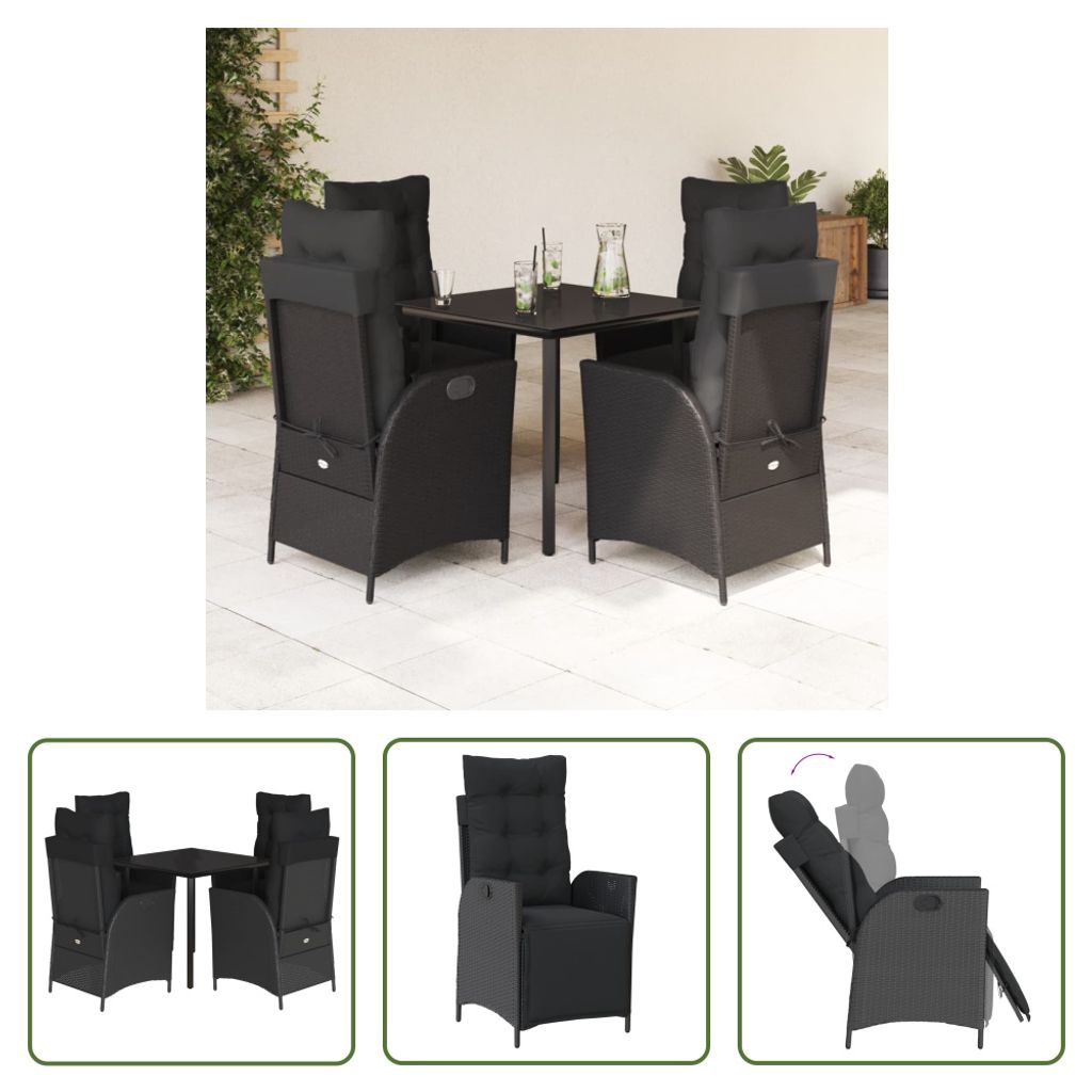 The Living Store 5-tlg. Garten-Essgruppe mit Kissen Schwarz Poly Rattan
