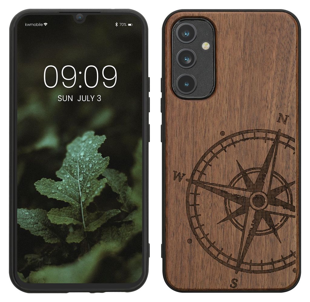 kwmobile Hülle kompatibel mit Samsung Galaxy A34 5G Hülle - Holz Case - Handy Cover - TPU Handyhülle in Dunkelbraun Kompass Vintage