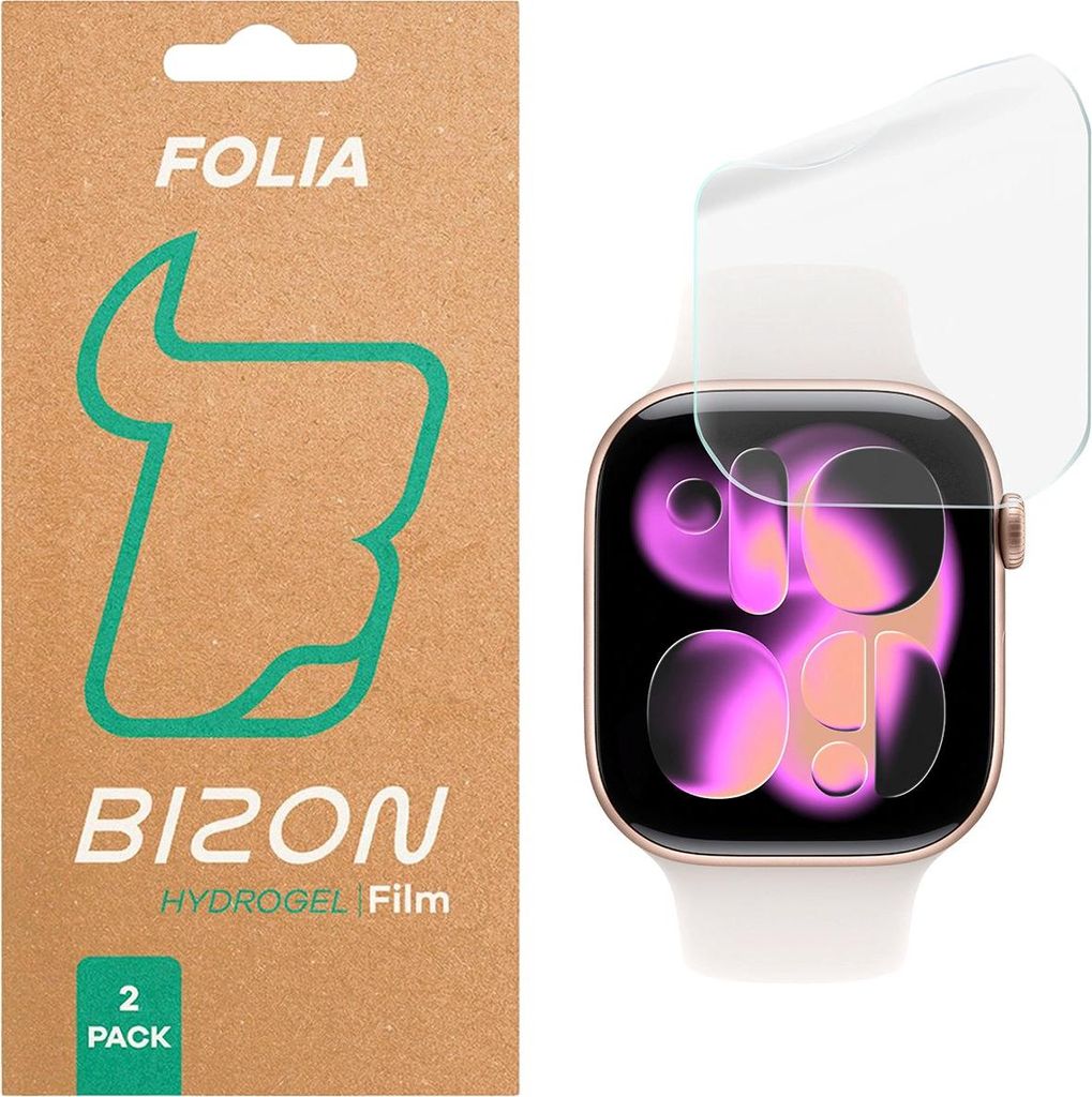A product package for a screen protector is shown next to an Apple Watch with the screen protector applied.