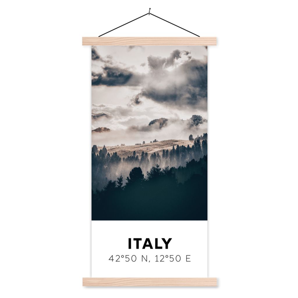 MuchoWow Textilposter Italien - Nebel - Wald - Baum 60x120 cm mit holzfarbenen Rahmen - Holz