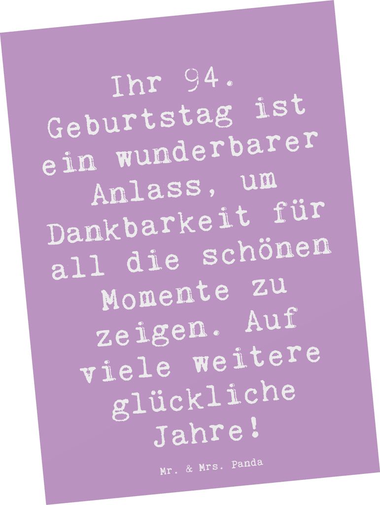 Mr. & Mrs. Panda Ansichtskarte Spruch 94. Geburtstag - Lavendeltraum - Geschenk, Feiern, Grußkarte, Fotokarte, Postkarte, Weisheit ehren, Geburtst...