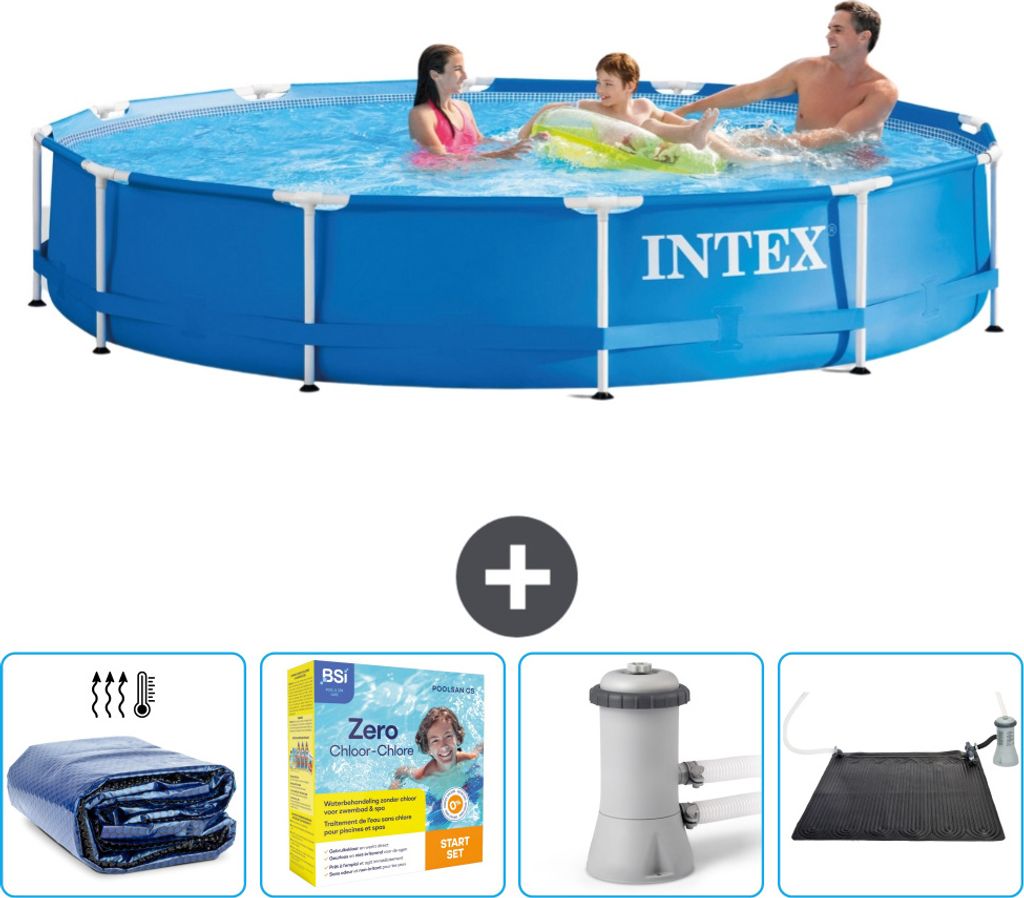 Intex-Schwimmbecken mit rundem Rahmen – 366 x 76 cm – Blau – im Lieferumfang enthalten Sonnensegel - Wartungspaket - Filterpumpe für Schwimm...