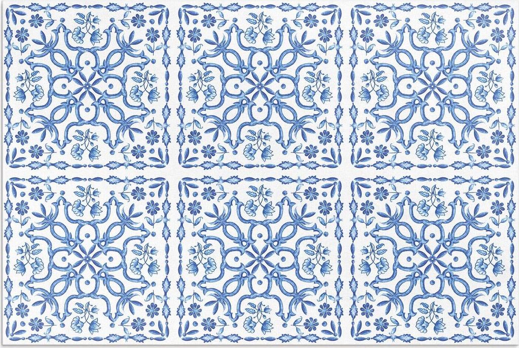 Dekorative Fliesen mit Pflanzenornamenten – Vinylteppich – 100x150 cm – Outdoor Teppich – Terrasse – Wetterfest – Modern