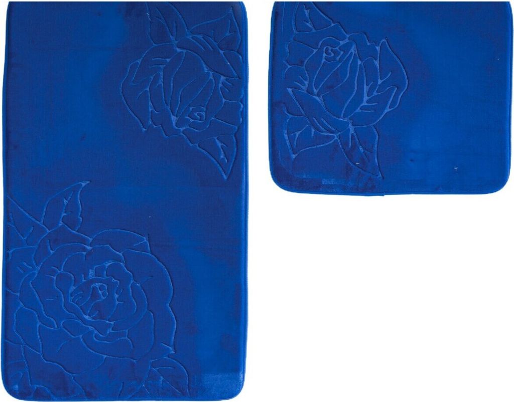 Almina Premium 2 teiliges Bademattenset aus Polyester Rutschfest Waschbar mit Rosenmotiv Dunkelblau
