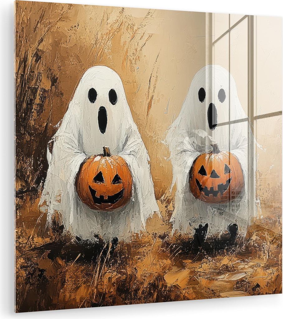 MuchoWow Glasbilder - Bilder auf Wandbild - Foto auf Glas Halloween - Kürbis - Geist - Herbst 90x90 cm Wanddekoration aus Glas - Acrylglasbild - A...