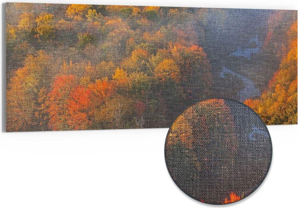 DEQORI Hybrid Leinwand Bild 125x50 cm 'Herbstnebel im Tal' Wandbild Glas flach modern