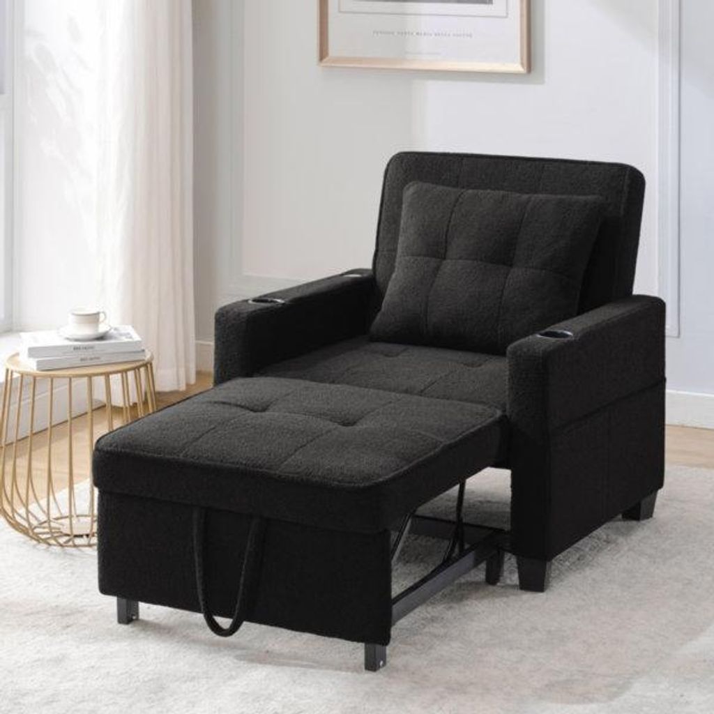 3-in-1 Ausziehbares Einzel-Schlafsofa – Mit Getränkehaltern und USB Anschluss, Sofa-Liegestuhl, Schlafstuhl, Sessel, perfekt für kleine Räume,...