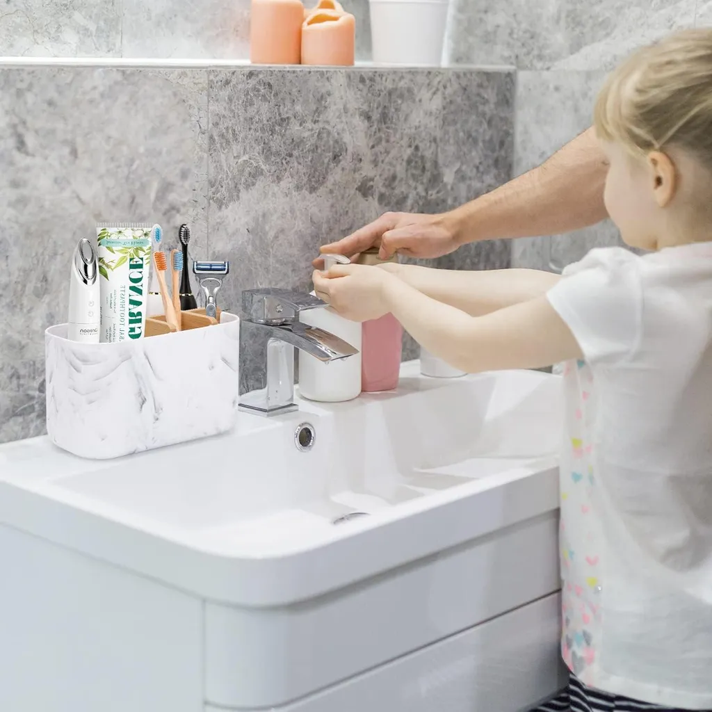 Porte-brosse à dents amovible aspect marbre avec plateau de rangement