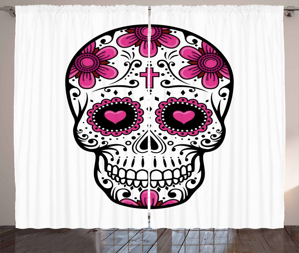 ABAKUHAUS Zuckerschädel Rustikaler Gardine, Blumen-Herz-Strudel, Schlafzimmer Kräuselband Vorhang mit Schlaufen und Haken, 280 x 175 cm, Pink Sch...