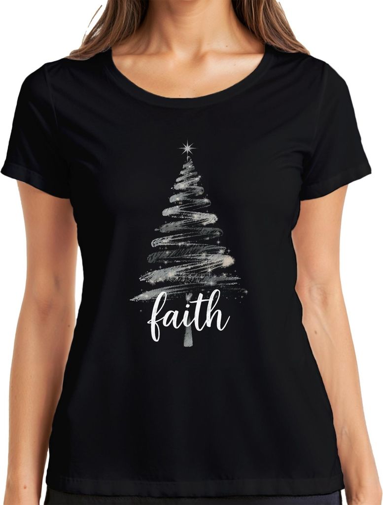 Weihnachtsbaum Faith christlich Glitzer Silber Schwarz Script Damen T-Shirt, Schwarz, 3XL