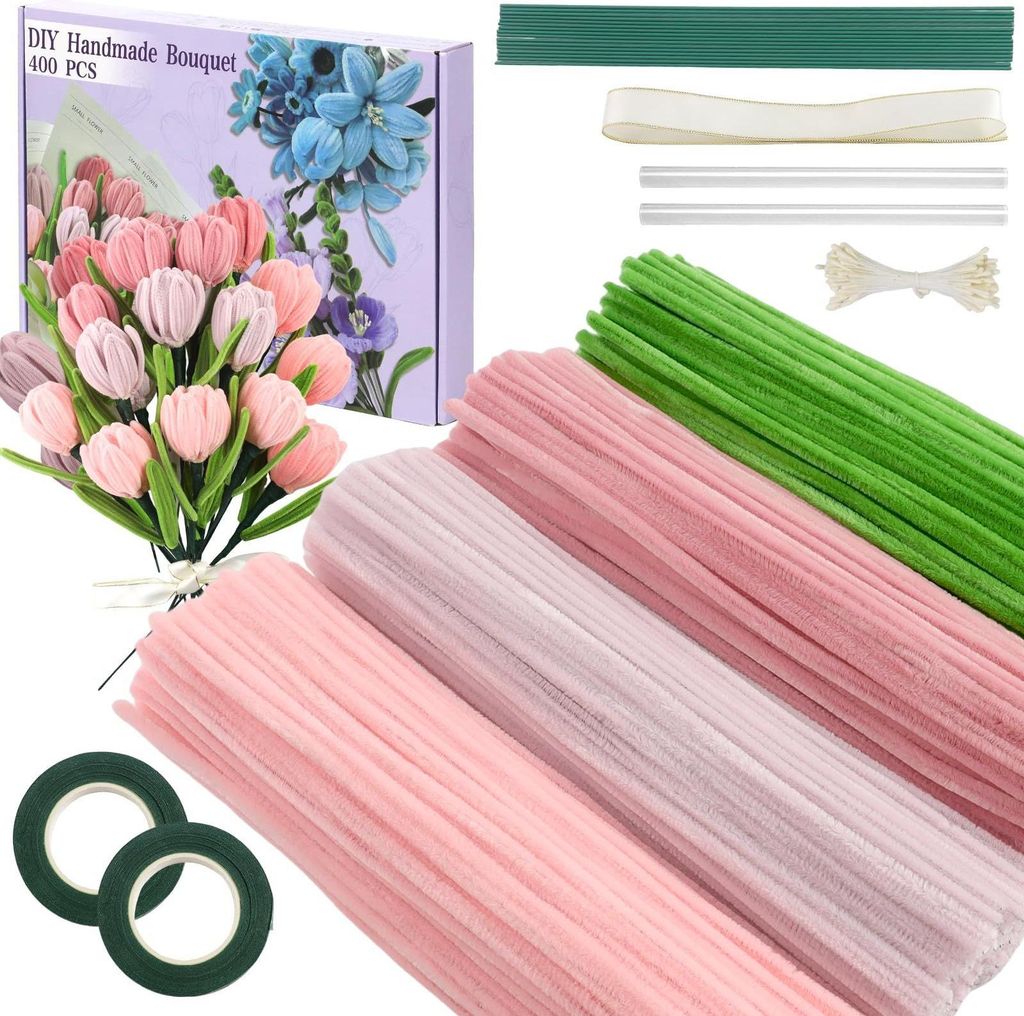 Blumenarrangement-Set – 400 Pipetten für DIY-Blumensträuße, inklusive Blumenstäben, Band, Staubgefäßen und einem Blumenbeutel (rosa Tulpen).