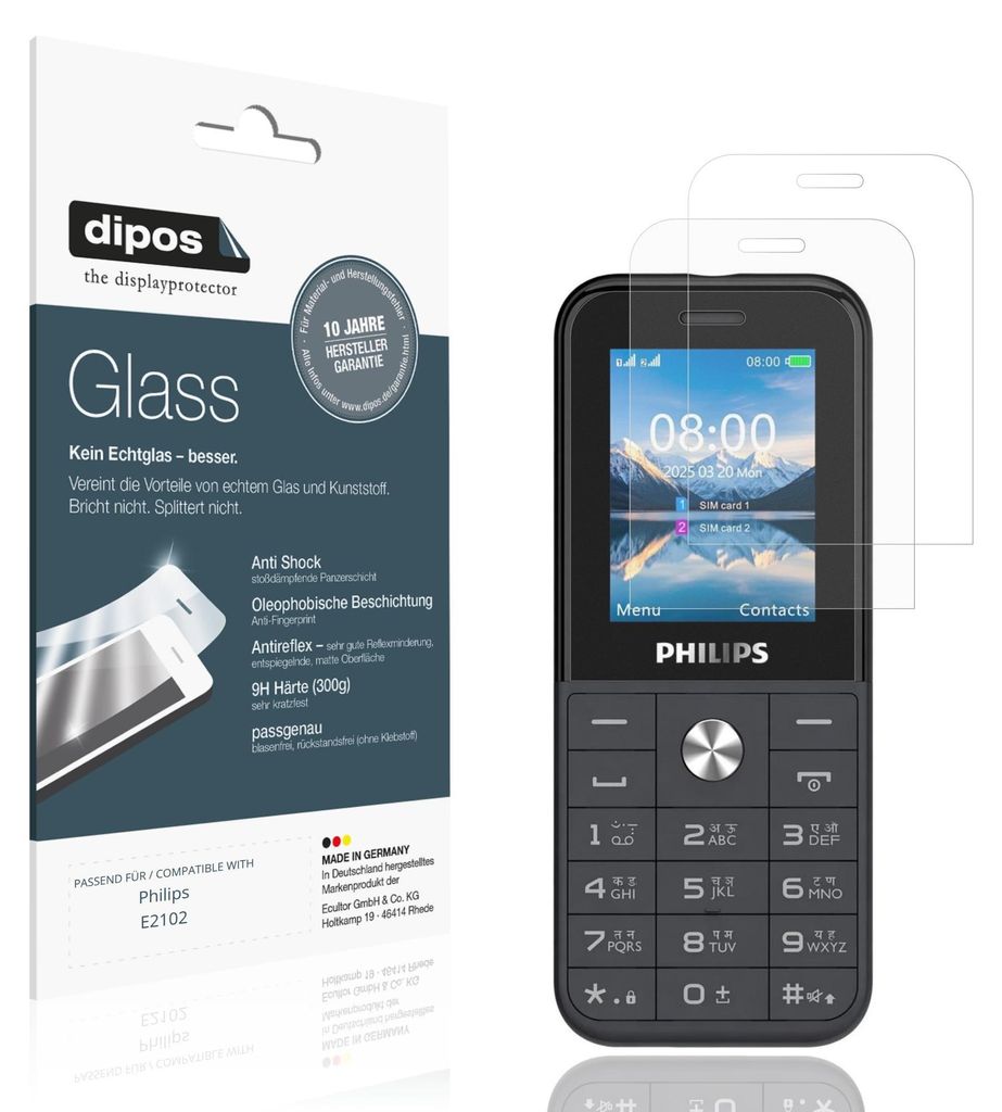 2x Schutzfolie für Philips E2102 matt - Anti-Shock 9H Folie dipos Glass Kunststoffglas