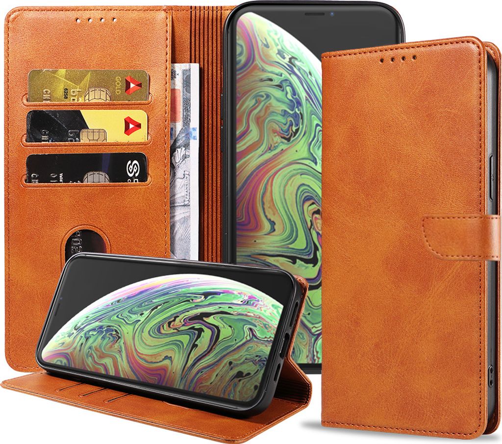 Geschikt voor iPhone Xs Max Telefoonhoesje Kunstleer met Magnetisch lipje en Pasjeshouder Book Case met Klepje - Bruin - Smartphonica