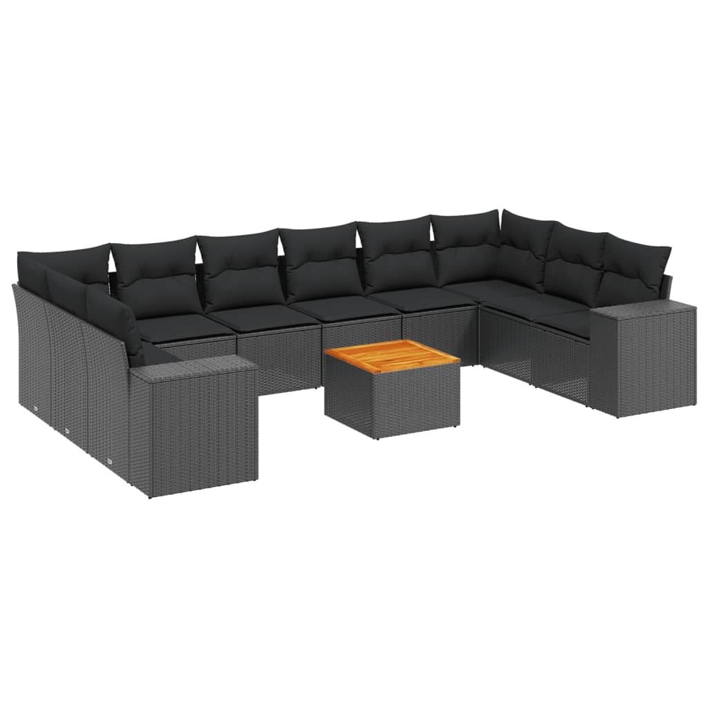 11-tlg. Garten-Sofagarnitur mit Kissen Schwarz Poly Rattan