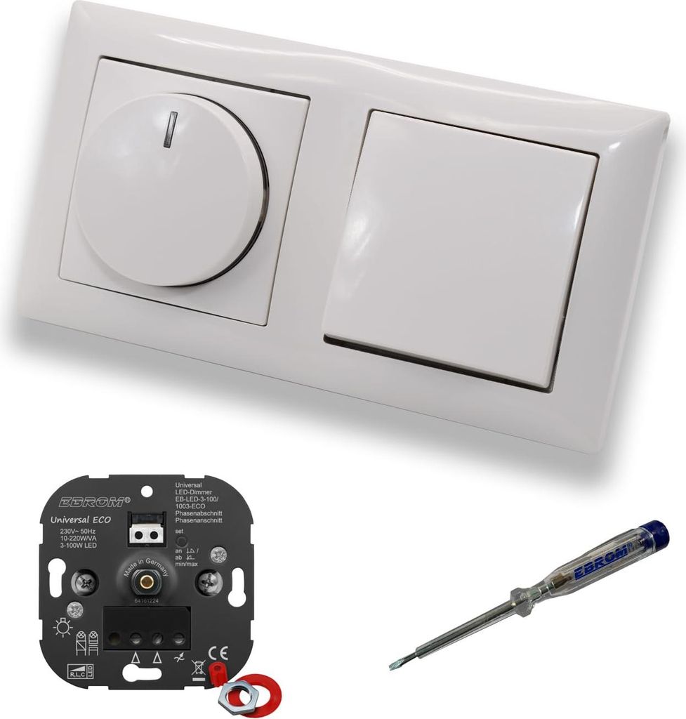 EBROM 1003 Universal ECO LED Drehdimmer Dimmer + Busch Jäger Dimmerscheibe 2115-914 und Lichttaster 2020 US in Balance Si alpinweiß glänzend ink...