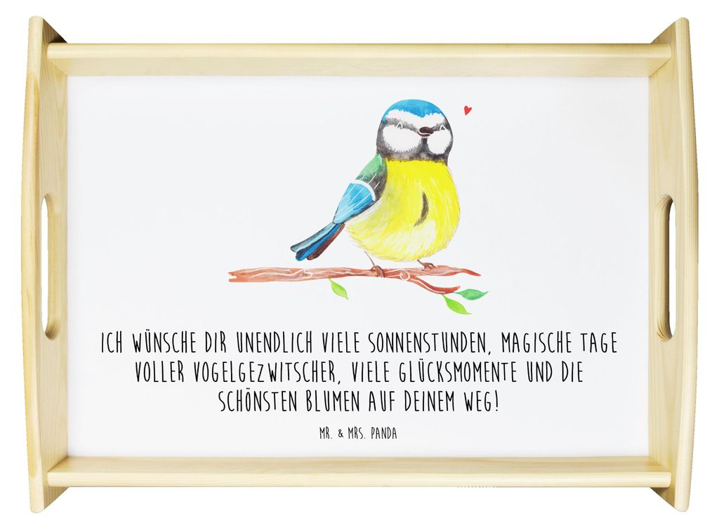 Mr. & Mrs. Panda Dekotablett Vogel Blaumeise - Weiß - Geschenk, tablett aus holz, Liebe Grüße, Osterhase, Ostern, Sofa, kaffeetablett, Holztable...