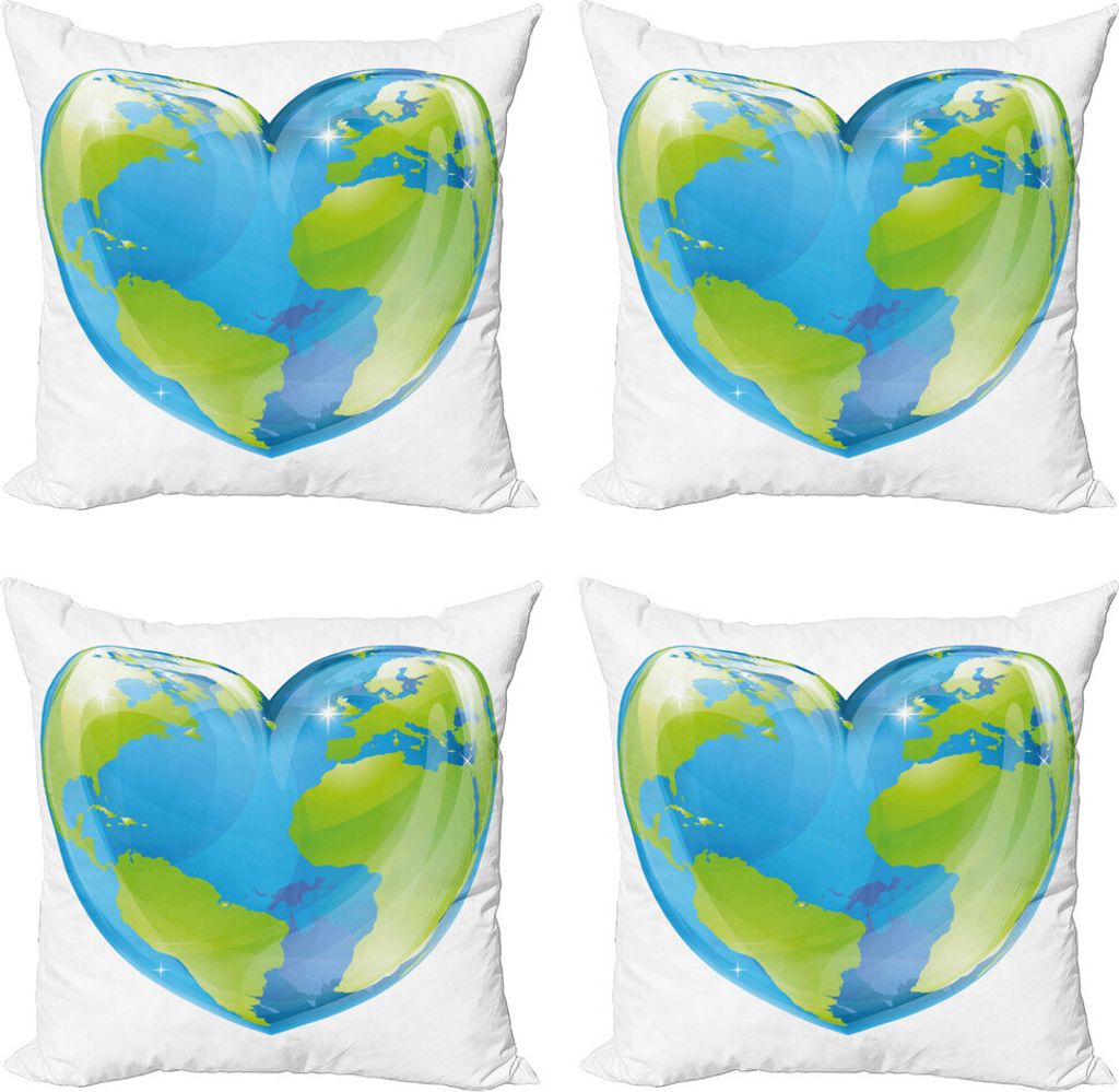 ABAKUHAUS Erde Kissenbezug Set (4 Stück), Vibrant Globe Herzform, Moderner Doppelseitiger Digitaldruck, 60 cm x 60 cm, Pale Blue Lime Green