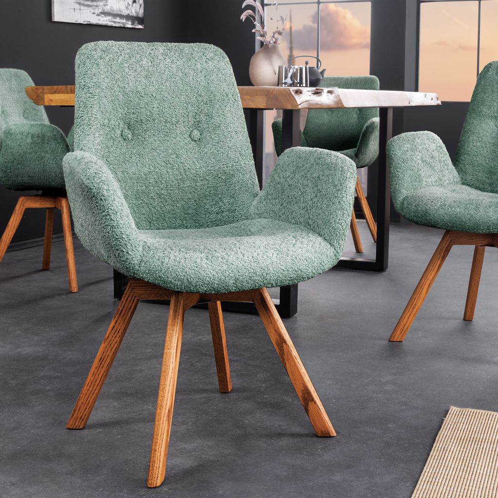 riess- ambiente Drehbarer Design Stuhl BALTIC mint Bouclé natur Eiche Massivholz-Beine mit Armlehne Esszimmerstuhl Essstuhl Polsterstuhl