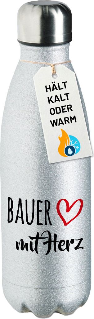 Huuraa Trinkflasche Bauer mit Herz 500ml Silver Edelstahl Wasserflasche Trinkflasche Geschenkidee