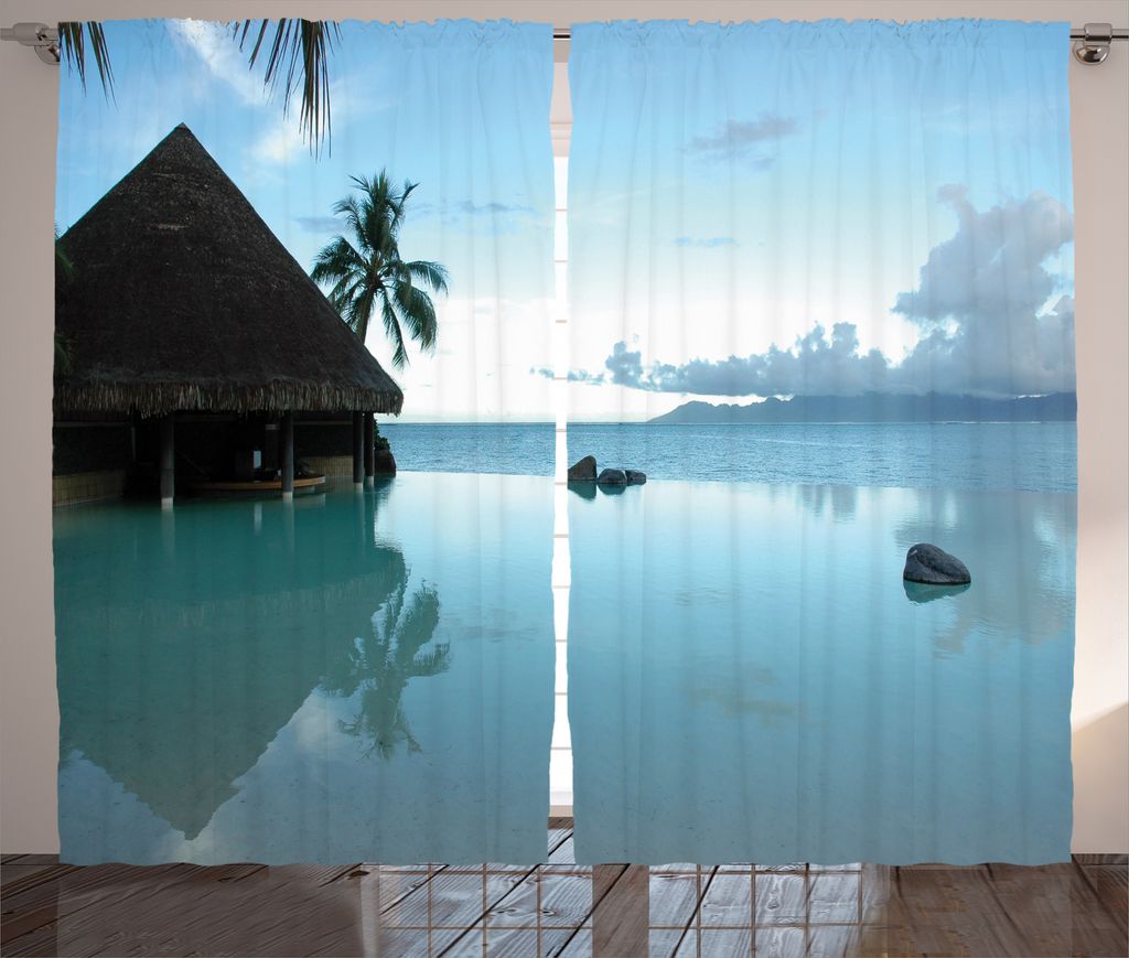 ABAKUHAUS Tropisch Rustikaler Vorhang, Holzhaus mit Natur, Wohnzimmer Universalband Gardinen mit Schlaufen und Haken, 280 x 175 cm, Braun Blau