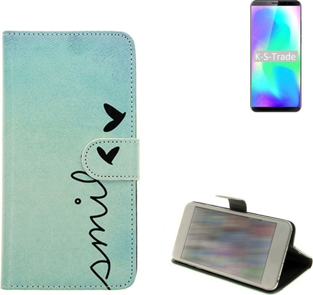 K-S-Trade Schutz-Hülle Handy-Hülle kompatibel mit Cubot X19 Hülle Wallet Case Flip cover bookstyle Etui Handyhülle ''smile'' türkis