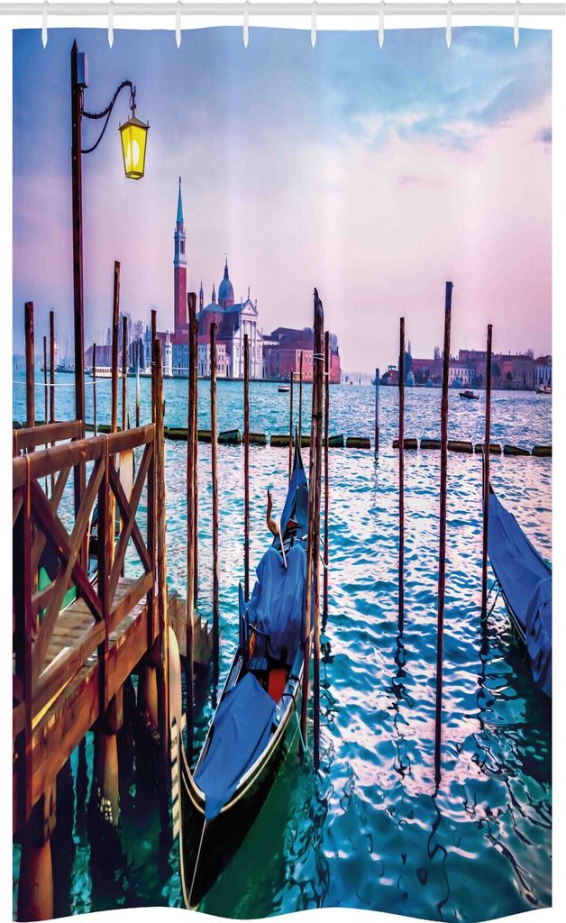 ABAKUHAUS Venedig Schmaler Duschvorhang, Verträumter Blick in Abend, Badezimmer Deko Set aus Stoff mit Haken, 120 x 180 cm, Lila Blau Braun