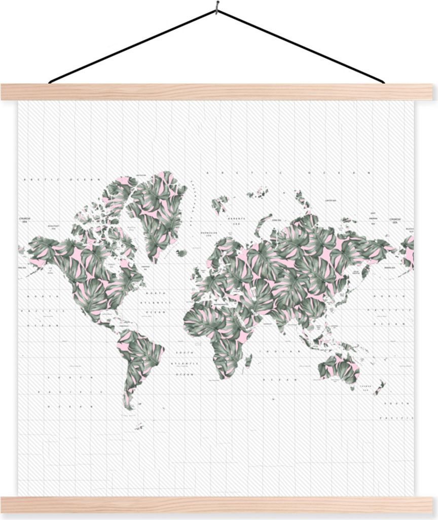 MuchoWow Textilposter Weltkarte - Blätter - Rosa 40x40 cm mit holzfarbenen Rahmen - Posterleiste