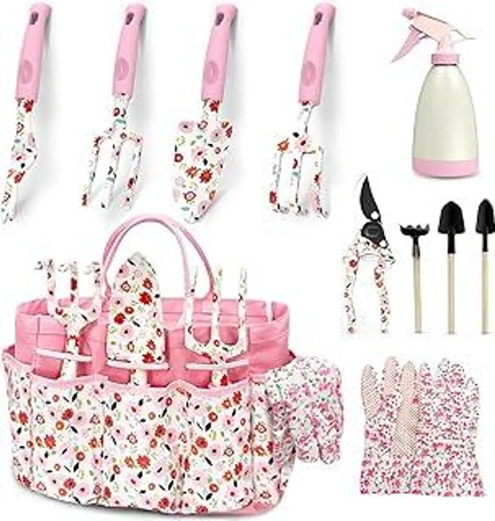 Set di attrezzi da giardino MQFORU, set di attrezzi da giardino per impieghi gravosi da 11 pezzi, nuovo set completo di attrezzi da giardino stampati con elegante borsa porta attrezzi, regali da giardino per donne e uomini