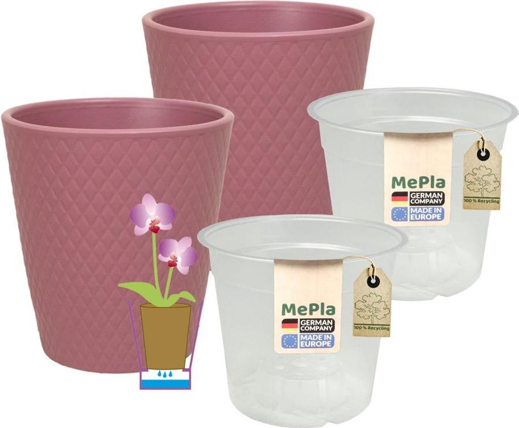 MePla - 2 Stück - Orchideenübertopf Harlekin ø 14 Mauve + Pflanztopf Orchidee ø 12