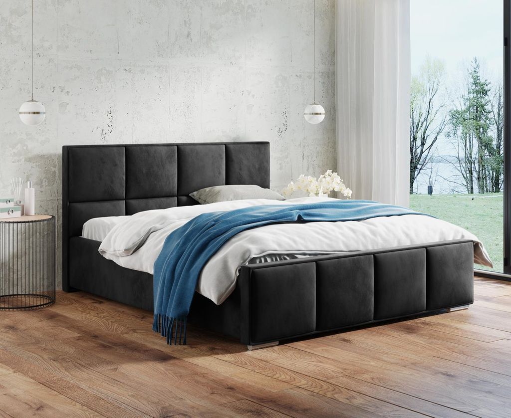 Doppelbett mit Metallgestell Quatro, Bett mit Gashebebühne, velour (Stoff: kronos 07 - schwarz, Große: 160x200 cm)
