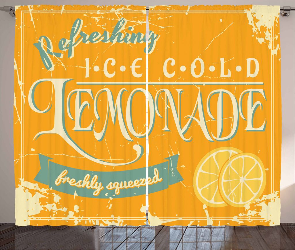 ABAKUHAUS Zitronen Rustikaler Vorhang, Refreshing Lemonade, Wohnzimmer Universalband Gardinen mit Schlaufen und Haken, 280 x 175 cm, Orange Blaugrau