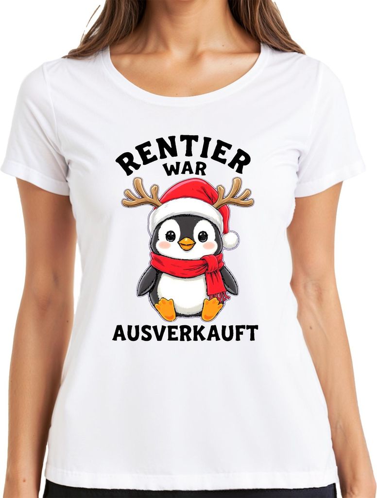 Rentier war t Pinguin Weihnachten lustig Geschenk Damen T-Shirt, Weiß, XXL